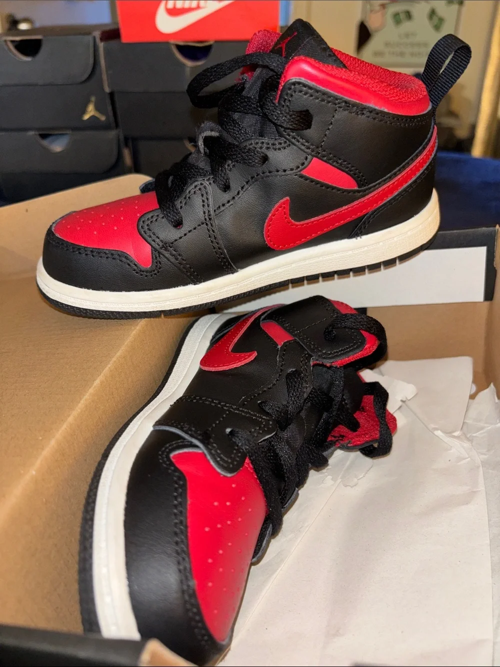 Jordan 1 Mid Black and Red - Kids Size 10C